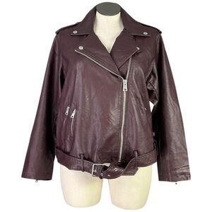 Levis Moto Jacket Womens 2X Burgundy Red Faux Leather Belted Hem Long Sleeve NEW